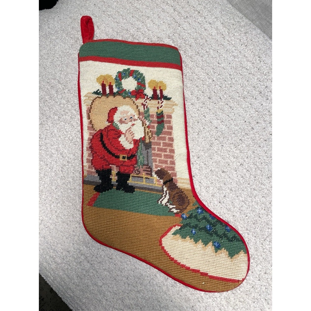 VTG Hand Needlepoint Wool Christmas Stocking Santa With Toy Bag Fireplace Dog
